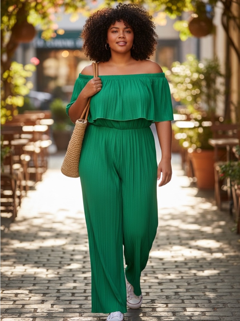 Mia Rose Pleated Plus Size Off-Shoulder Green Jumpsuit